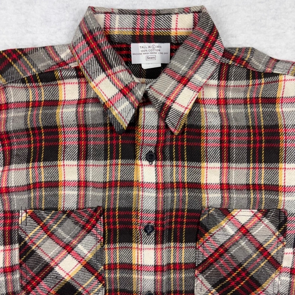 Vintage Sears Flannel Shirt Mens Tall Large Red Black Plaid Cotton Button Down